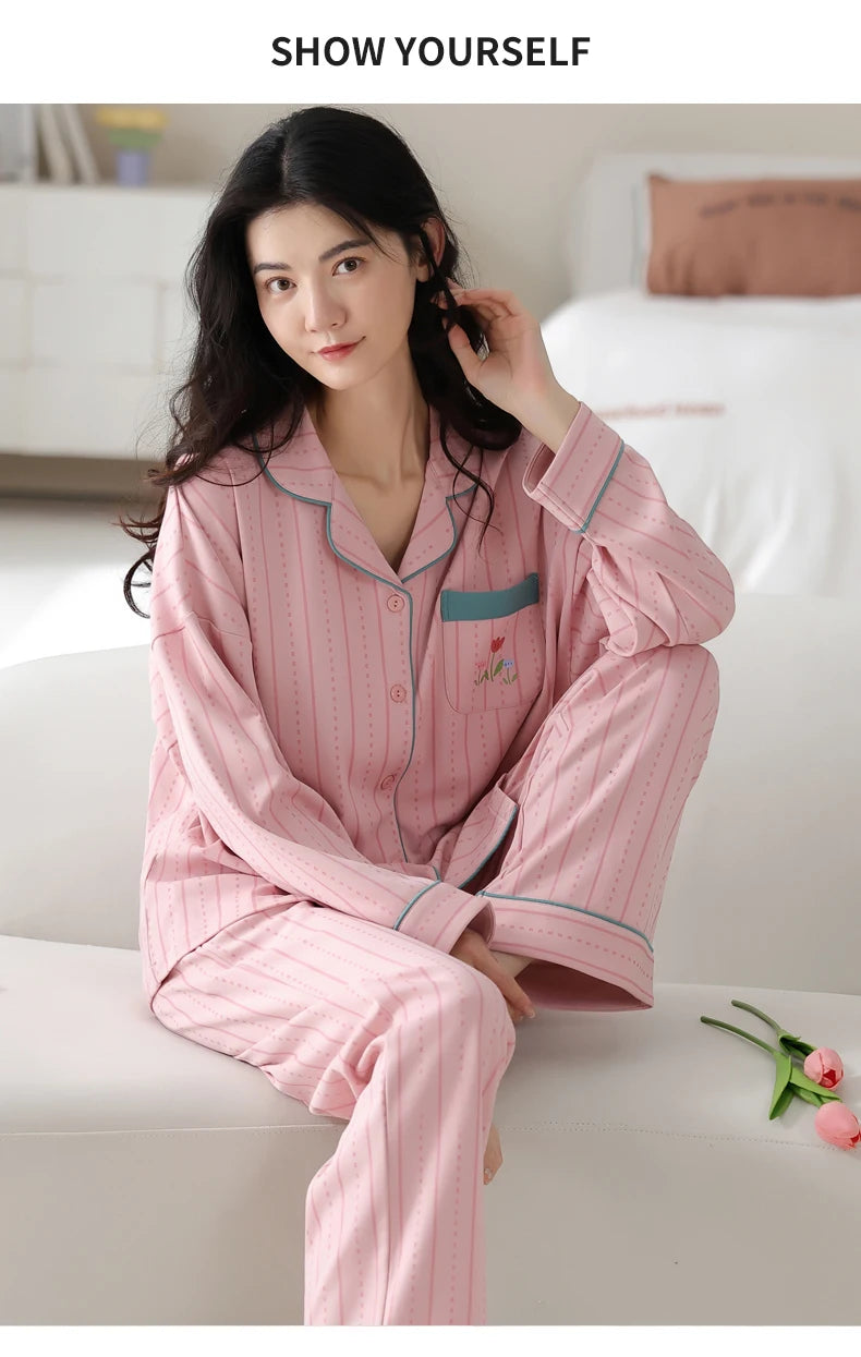 Women’s Winter 100% Cotton Pajama Set – Loose Fit, Turn-Down Collar, Long Sleeves, Cute Pink