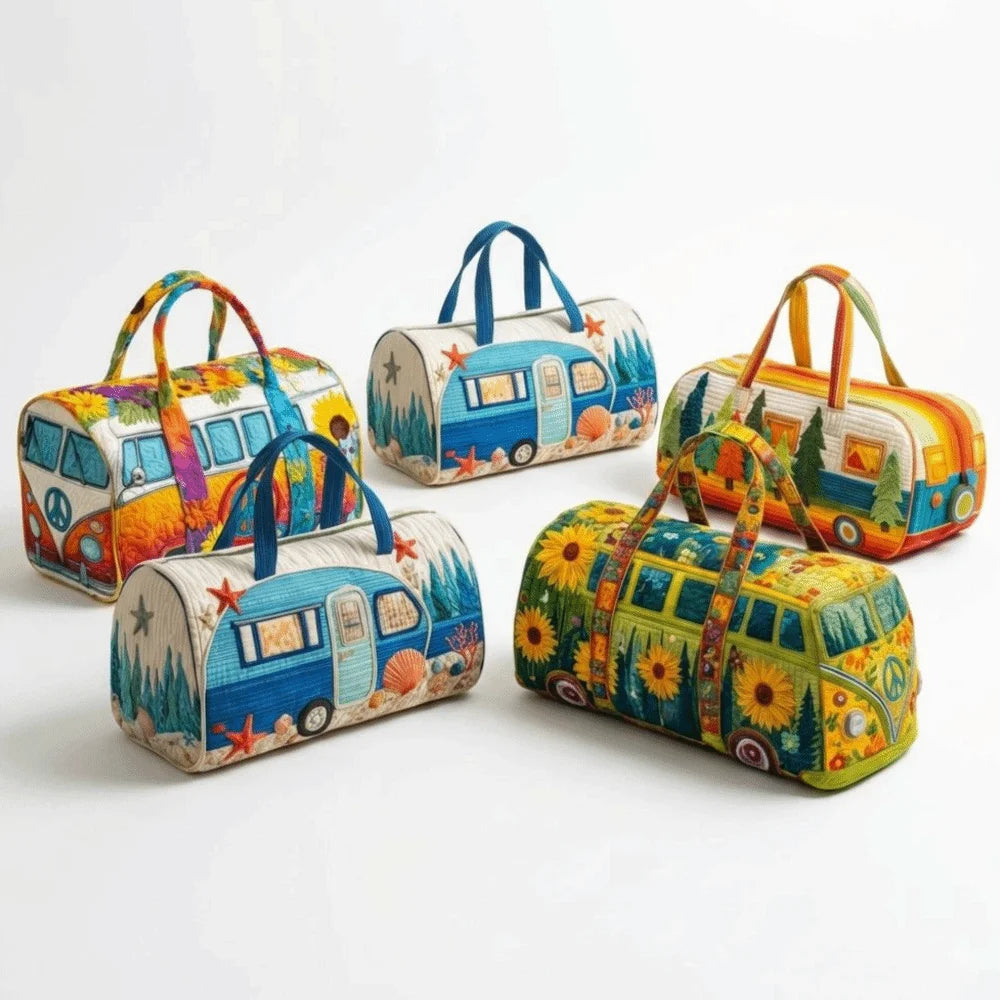 3D Quilted Bus Print Travel Duffle Bag Large Capacity Gym Tote