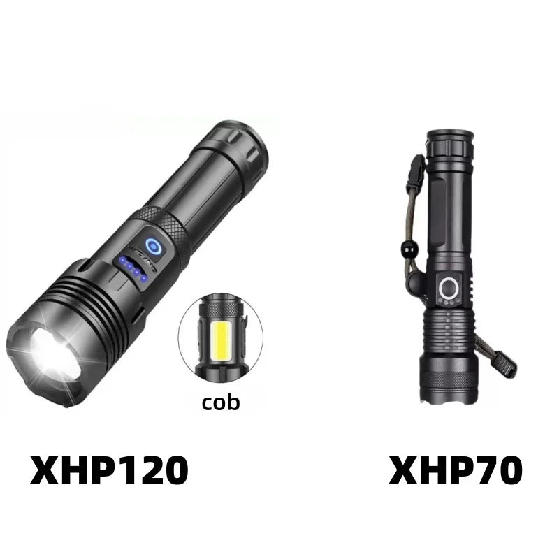 XHP120 LED Flashlight Rechargeable Zoom Tactical Torch with COB Side Light Power Bank Function