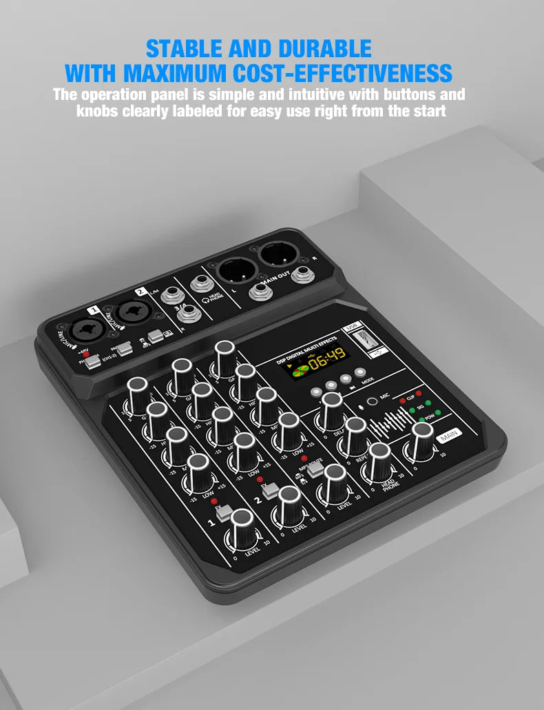 4-Channel Mixing Console Bluetooth Audio Mixer 48V Professional USB Computer Karaoke