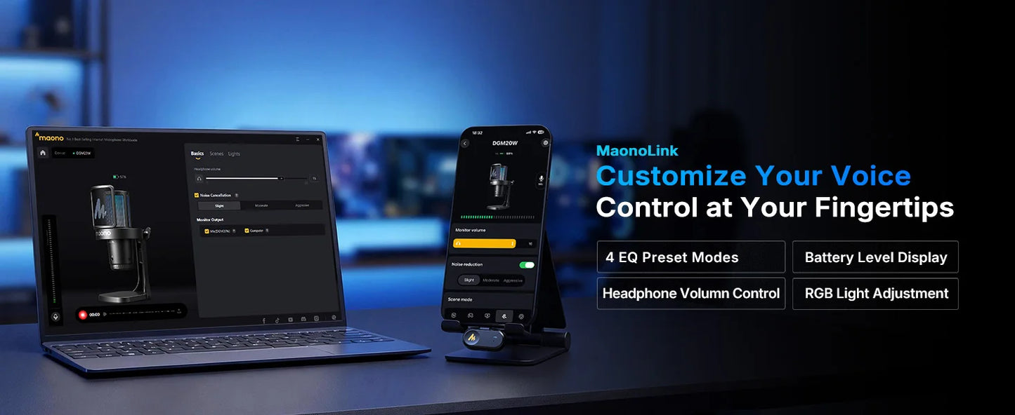 Wireless USB Gaming Microphone with AI Noise Reduction and RGB Lighting