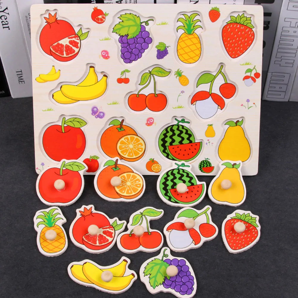 Montessori Wooden Puzzles Hand Grab Boards Toys Tangram Jigsaw  Educational Toys Cartoon Vehicle Animals Fruits 3D Puzzles