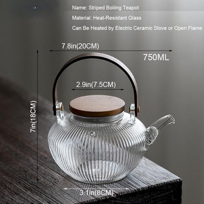 Glass Thick Stripes TeaPot Heat Resistant Wood Handle  Can Be Heated Electric Pottery Stove To Make Open Fame 750ML