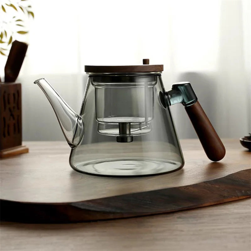 Easy One Click Tea Separation Filtration Glass Teapots With Wood Handle 850ml Tea Water Separation Tea Pot With Infuser Filter
