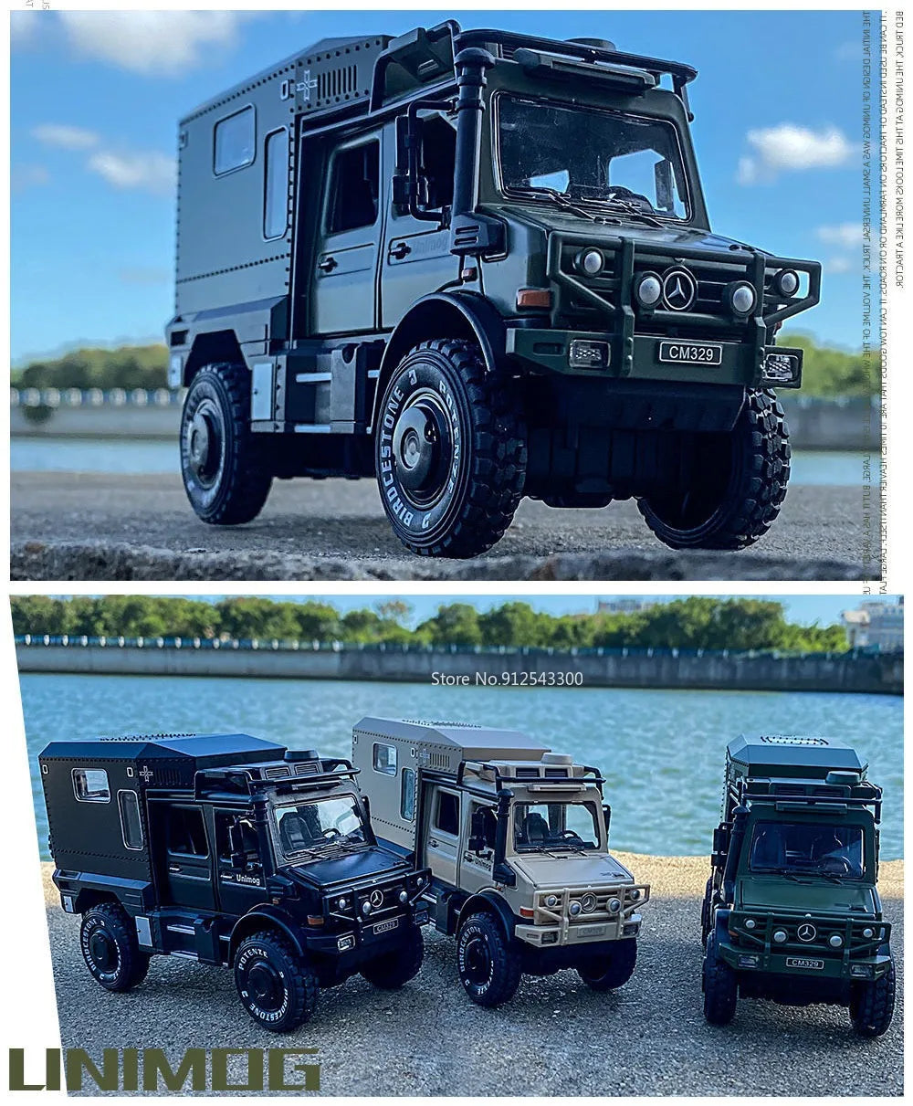 1:28 Scale X-Class 6x6 UNIMOG Motorhome Camping Car Model Toy Shock Absorption Sound Light Pull Back Off-road Vehicles Boys Gift