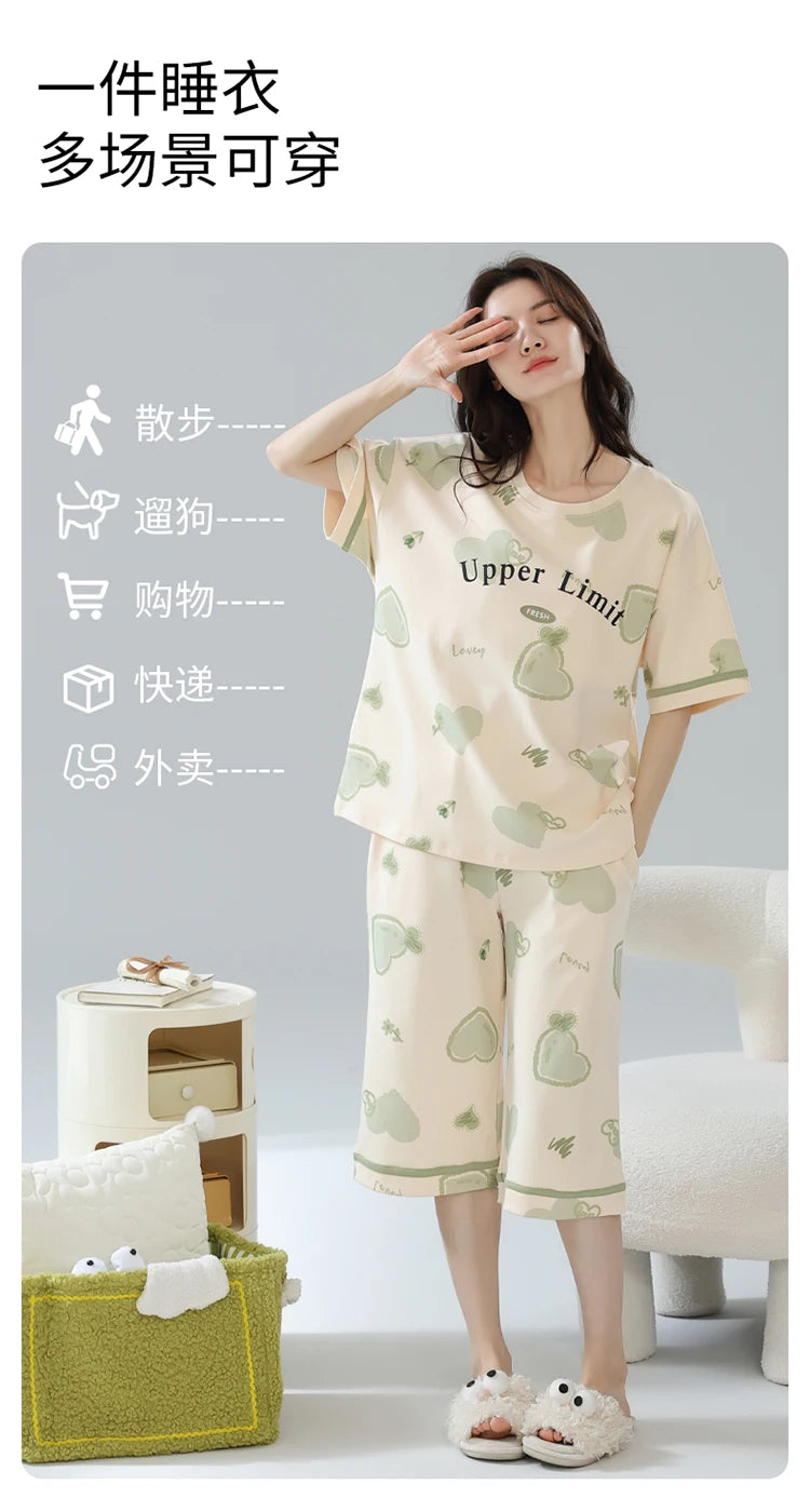 2-Pcs Women’s Summer Cotton Pajama Set – Breathable Short Sleeve Sleepwear with Cute Prints
