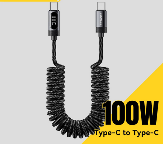 100W Car Spring USB-C to USB-C Fast Charging Cable (Retractable)