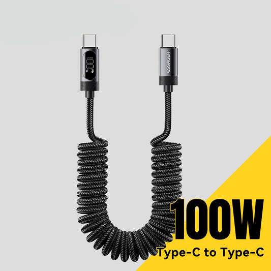 100W Retractable Spring USB-C to USB-C Fast Charging Cable