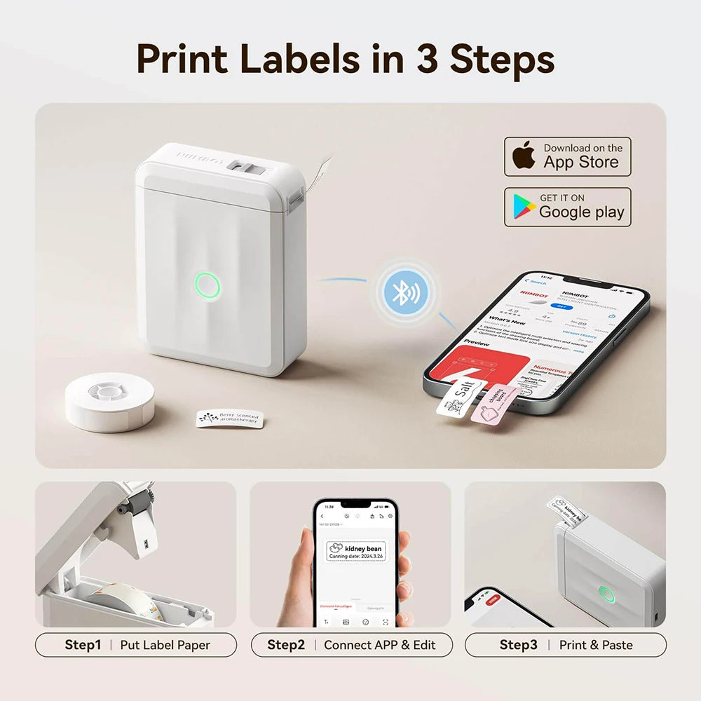 D110 Mini Portable Thermal Label Printer, Bluetooth Smart Label Maker with Adhesive Tape, Inkless 203 DPI for Home, Office & School