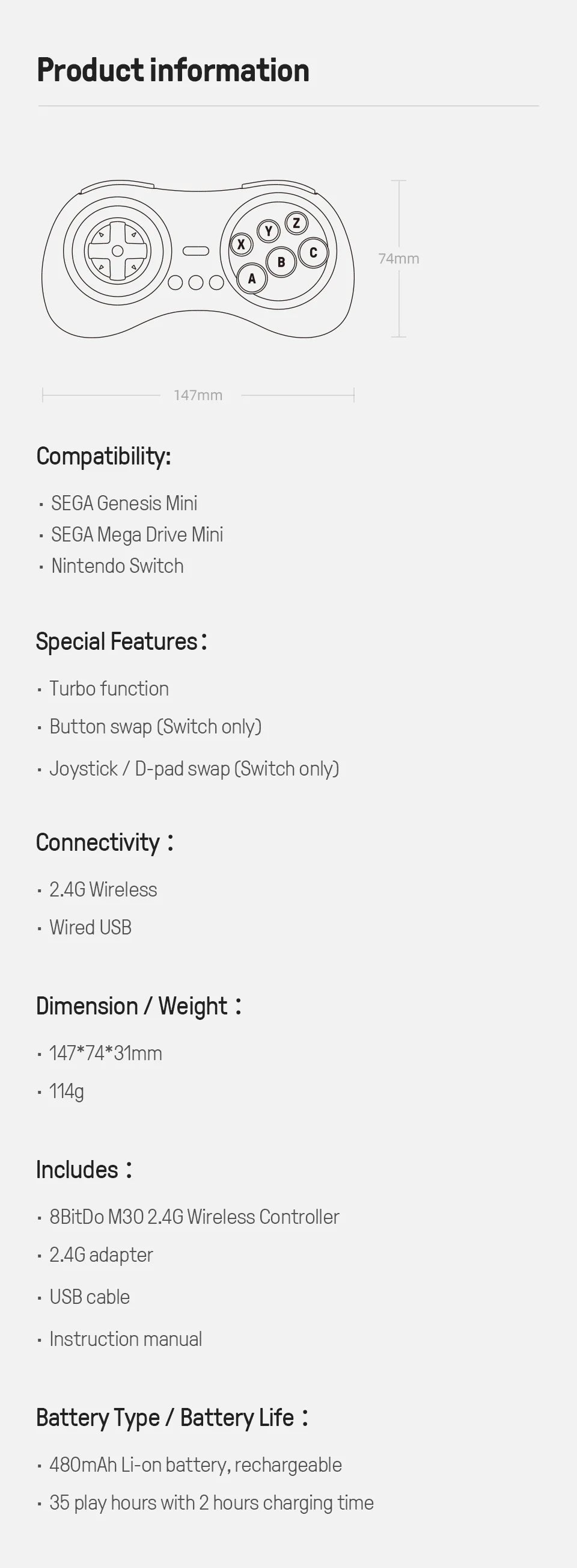 2.4GHz Wireless Retro Gaming Controller with Turbo Function for Sega Genesis Mini and Nintendo Switch