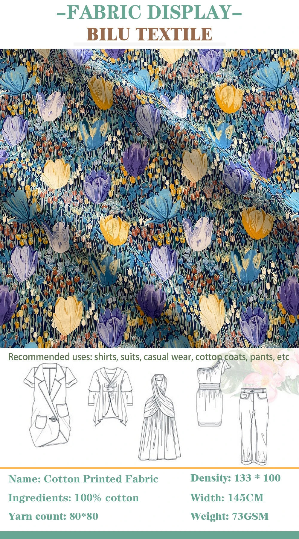 1/5M Amalia Tulip 100% Cotton tana lawn Fabric 80S Like Liberty Printing for Sewing Clothes Dresses Skirt Kids Designer Material