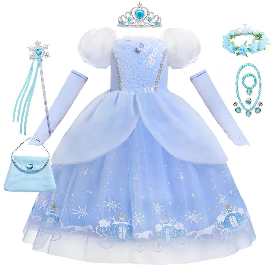 Cinderella Princess Cosplay Dress for Girl Kids Ball Gown Sequin Carnival TUTU Puff Mesh Clothing for Birthday Gift Summer Dress