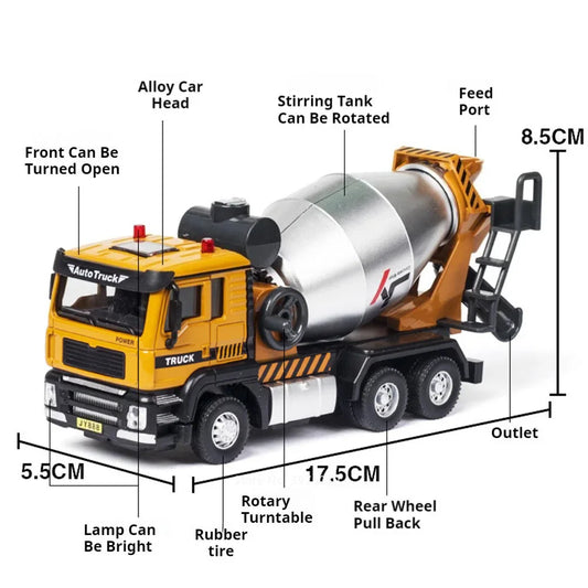 1:50 Scale Mixer Excavator Car Model Toy Simulation Sound Light Metal Die-cast Engineering Cement Transport Vehicles Gifts