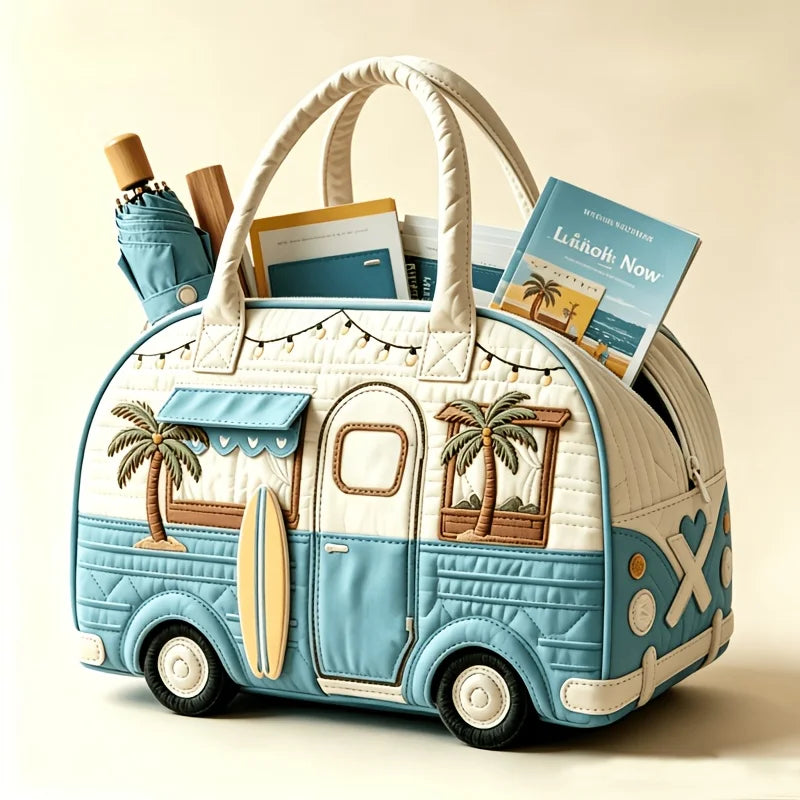 Bus Print Quilted Travel Duffle Bag Large Capacity Zipper Tote