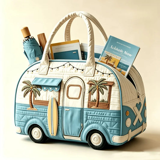 Bus Print Quilted Travel Duffle Bag Large Capacity Zipper Tote