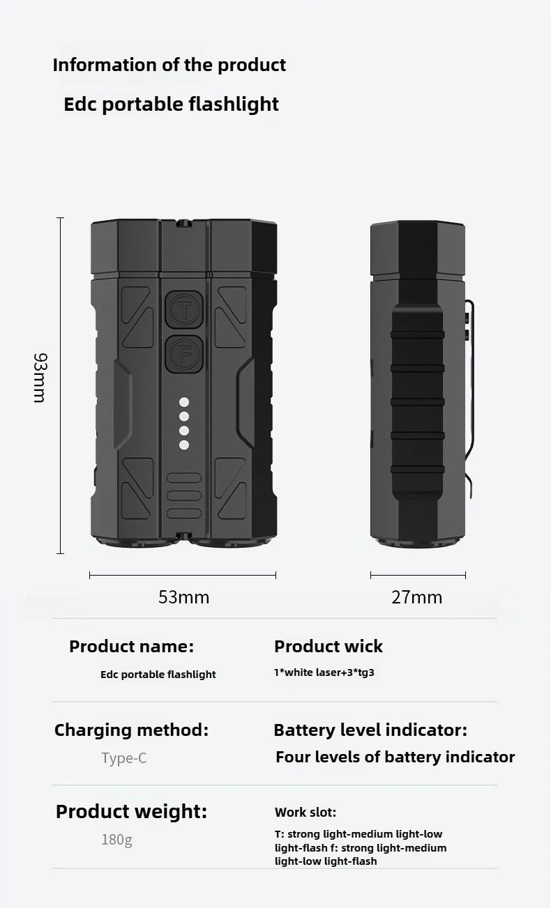 EDC-2 Portable LED Flashlight 2000LM Rechargeable Dual Switch Torch with Power Display