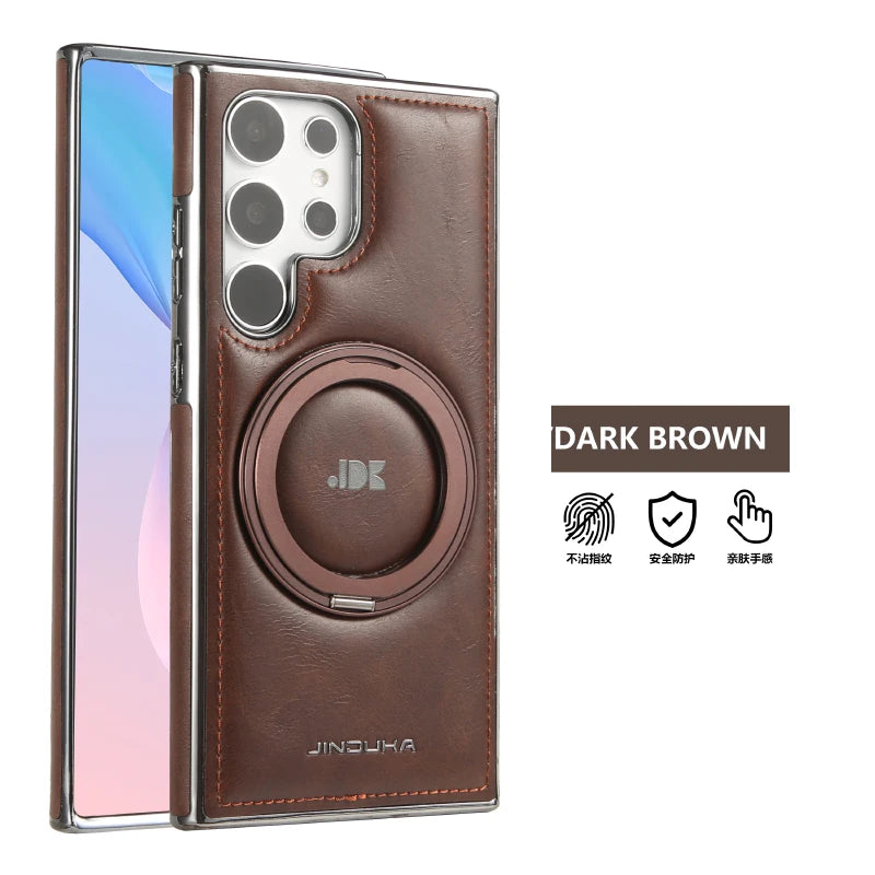 For Magsafe  360°Rotating Metal Car Bracket Ring Solid Color Leather Phone Case For Samsung S24 Ultra S22 S23 Ultra Plus