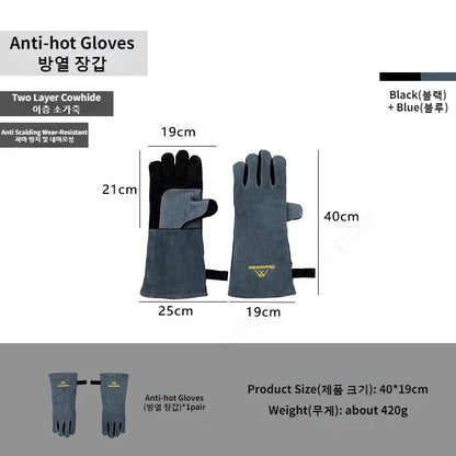 Outdoor Camping Cowhide Insulated Heat-Resistant Gloves High Temperature Resistant Kitchen Microwave BBQ Gloves