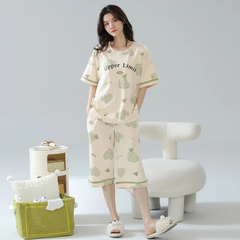 2-Pcs Women’s Summer Cotton Pajama Set – Breathable Short Sleeve Sleepwear with Cute Prints