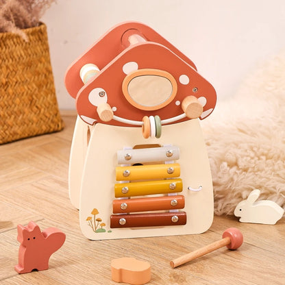 Wooden Building Block For Babies Music Percussion Game Newborn Education Mushroom House 5 in 1 Cartoon Animal Shape Matching Toy