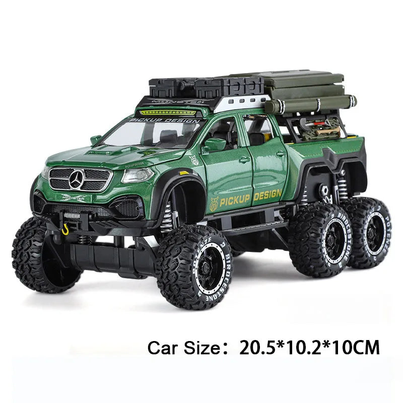 1:28 Scale X-Class 6x6 UNIMOG Motorhome Camping Car Model Toy Shock Absorption Sound Light Pull Back Off-road Vehicles Boys Gift