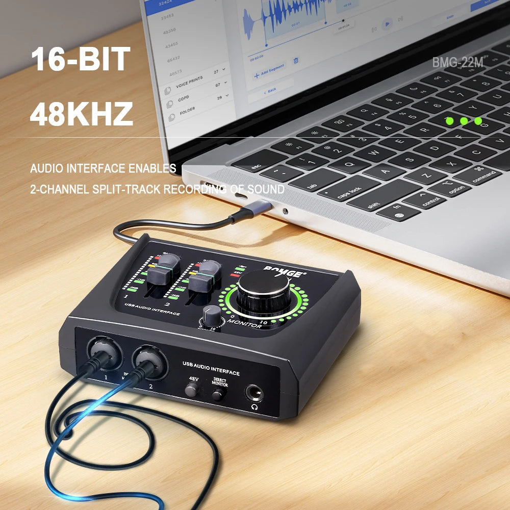 Mini 2 Channel USB Audio Interface with 48V Phantom Power for Recording and Streaming
