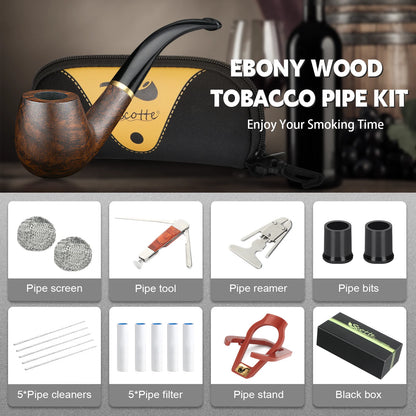 Tobacco Pipe Handmade Ebony Wood Root Pipe Gift Box and Accessories