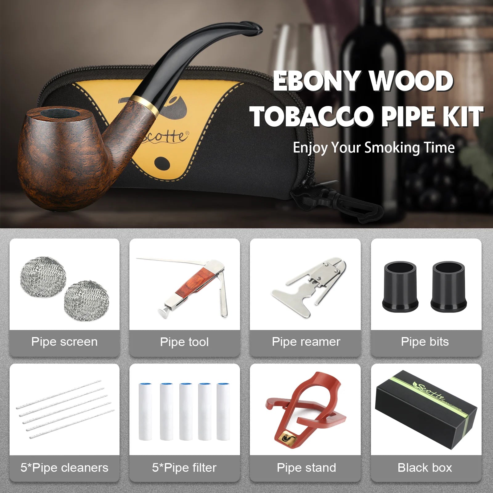Tobacco Pipe Handmade Ebony Wood Root Smoking Pipe Gift Box and Accessories