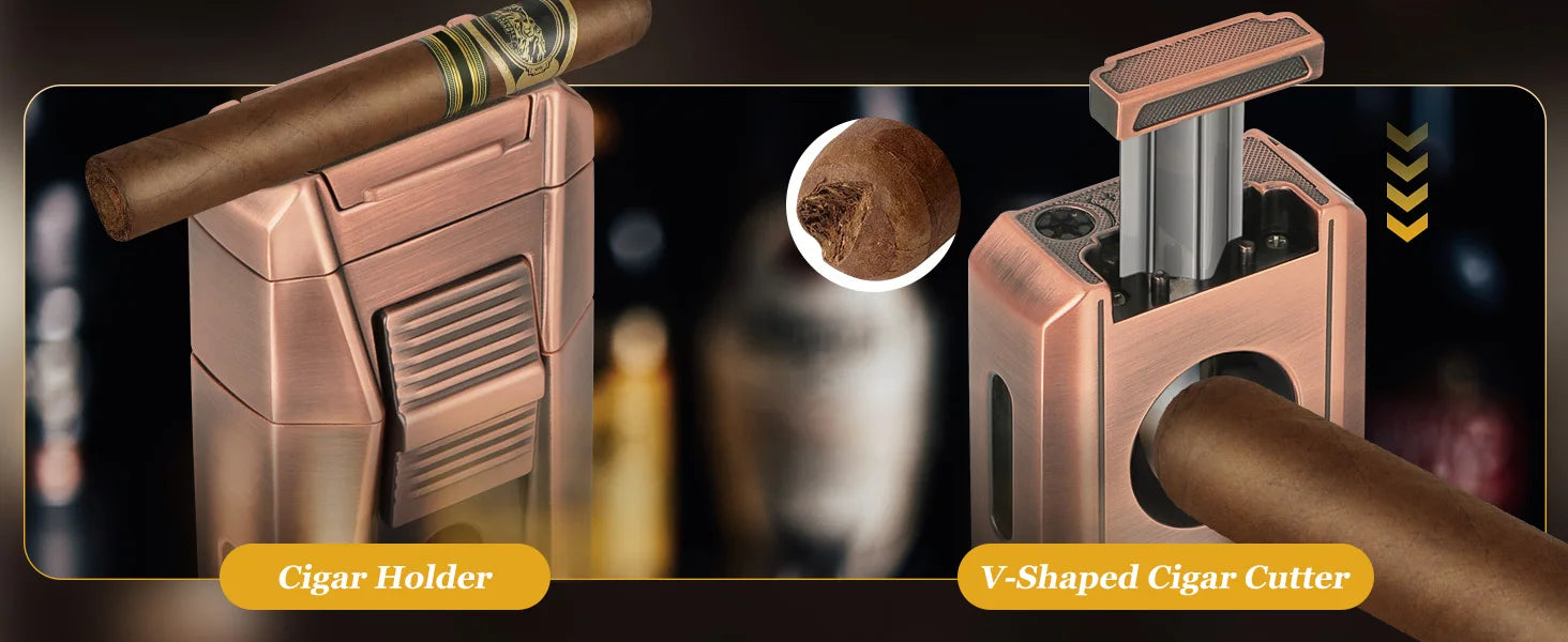 Cigar Lighter with Double Jet Flame, Refillable Cigar Torch Lighter with Cigar Holder, V-Cigar Cutter, Cigar Draw Enhancer
