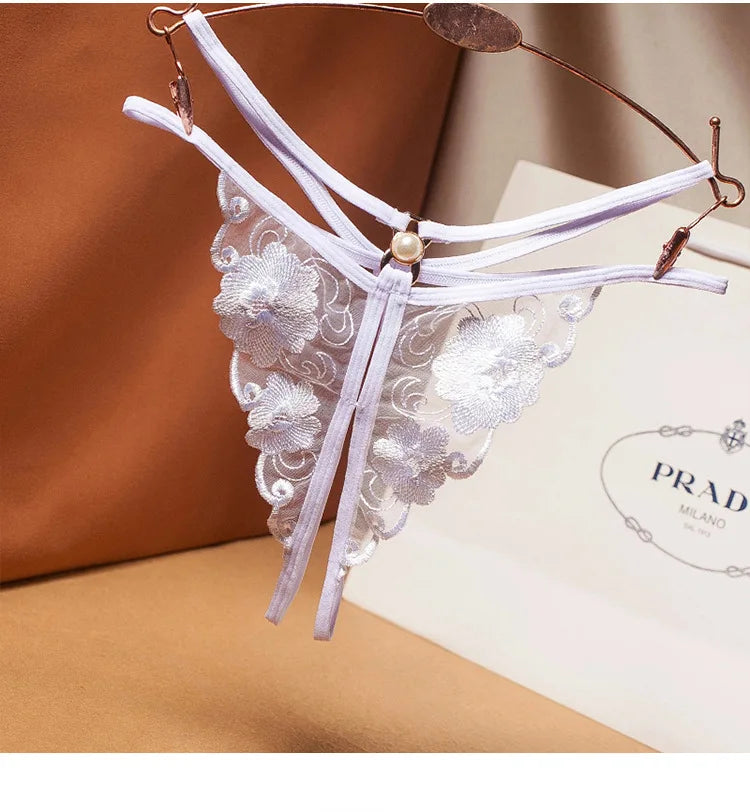 Underwear Floral Embroidery Hollowed Transparent G-String Thong Open Crotch Ultra-thin Temptation Low Waist Panties