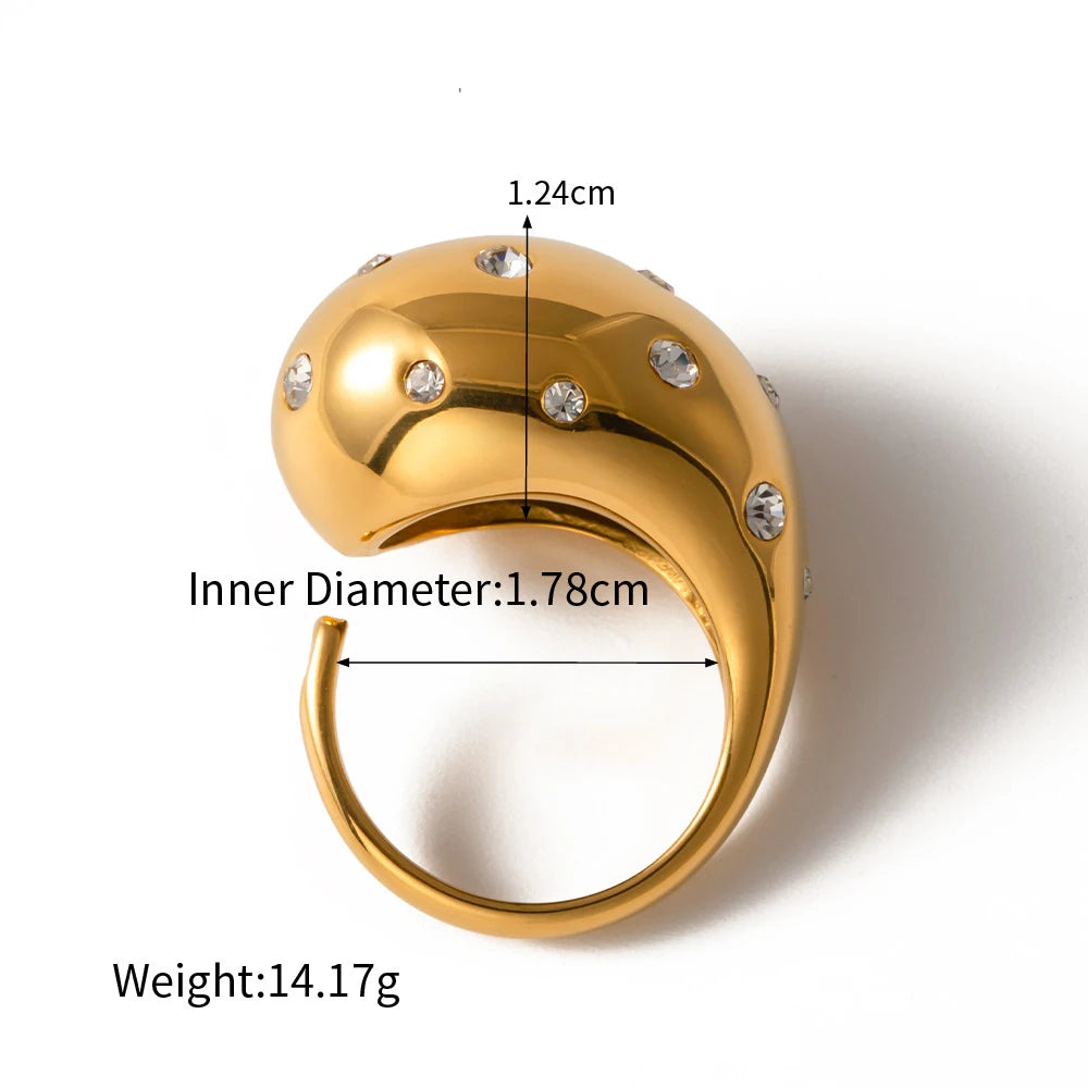 Smooth Gold Color Chunky Round Dome Rings for Women Pave Zircon Teardrop Open Rings