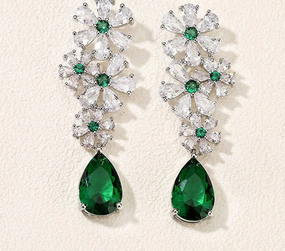 Vintage Luxury Green CZ Water Drop Flower Dangle Earrings