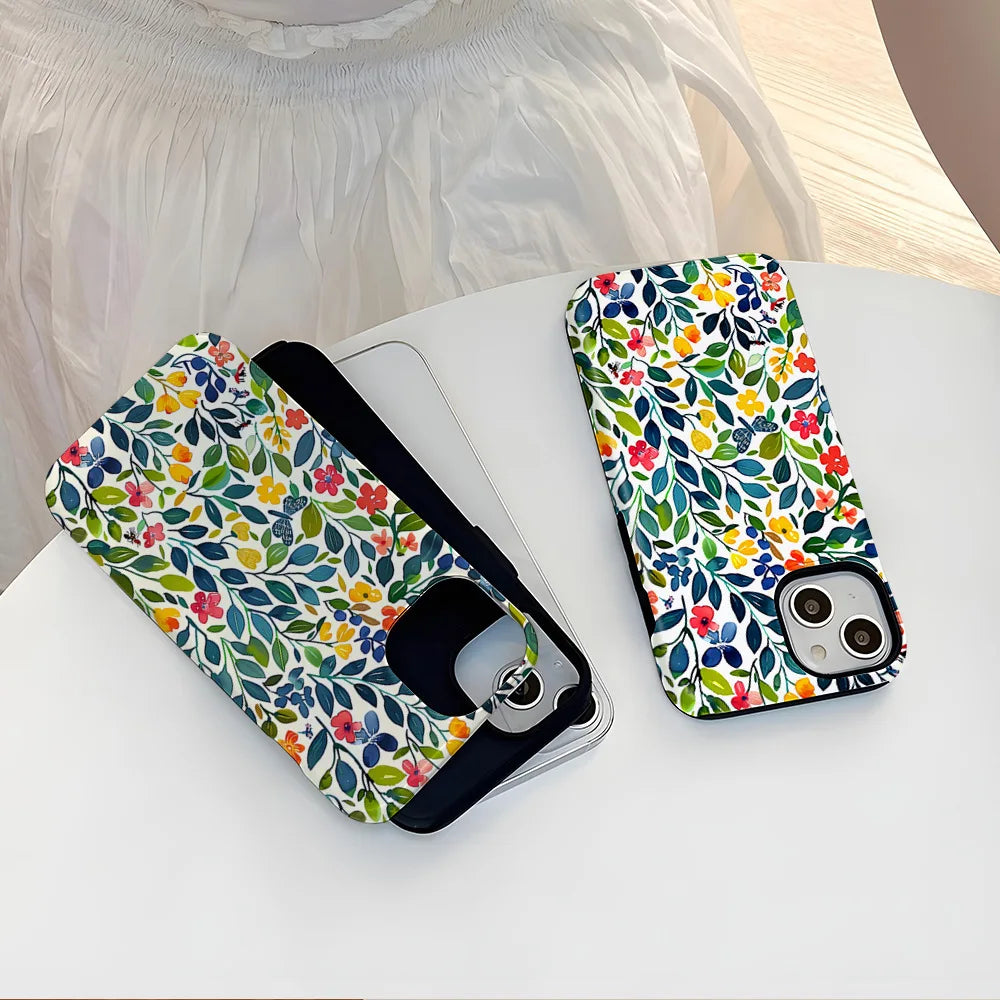 Flower Flora Green Leafs 2 in 1 Phone Case for iPhone 16 15 Pro Max 16 Plus Double Deck Shockproof Protective Cover