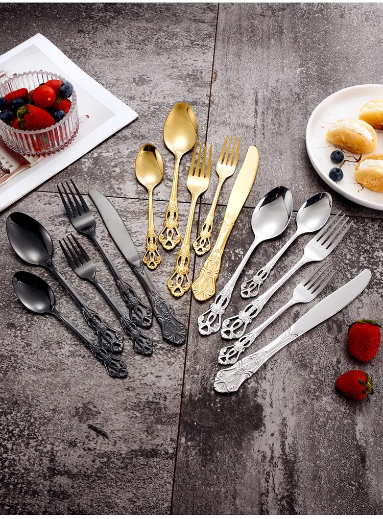 4pcs Gold Stainless Steel Cutlery Set Royal European Spoon Fork and Steak Knife Retro Hollow Design Dinnerware Luxury Tableware