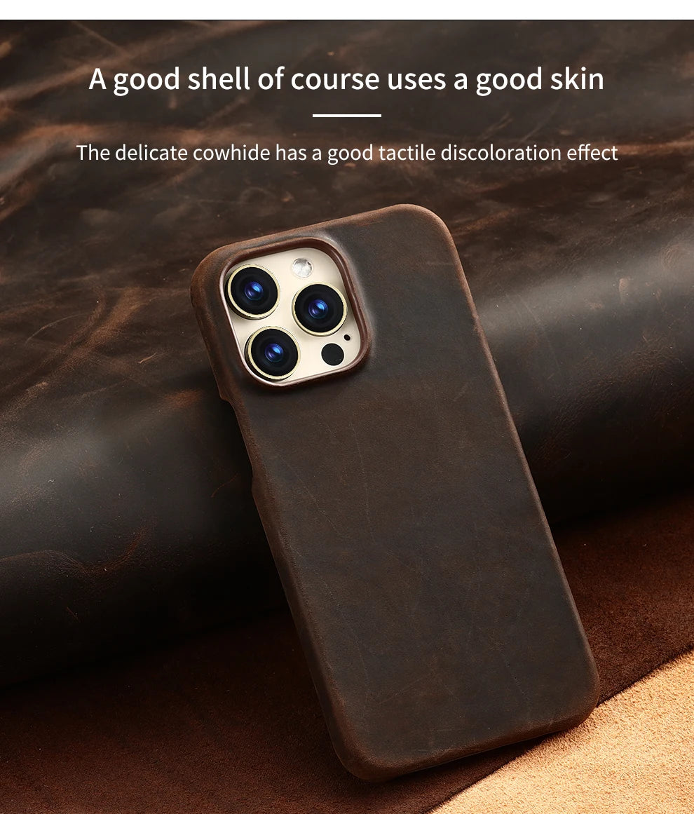 for Magsafe Case for iPhone 15 16 Pro Max 16Pro Retro Luxury Full Grain Cowhide Genuine Oiled PULL-UP Leather  Cover