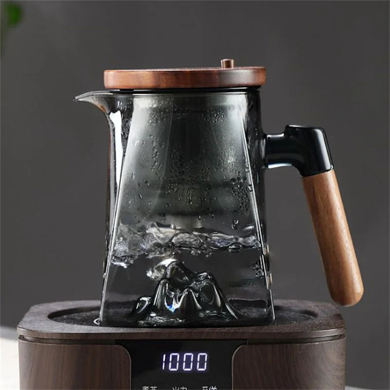 One Click Tea Separation Filtration Bottom Mountain View Glass Teapot With Wood Handle 700ml Kungfu Tea Water Separation Tea Pot