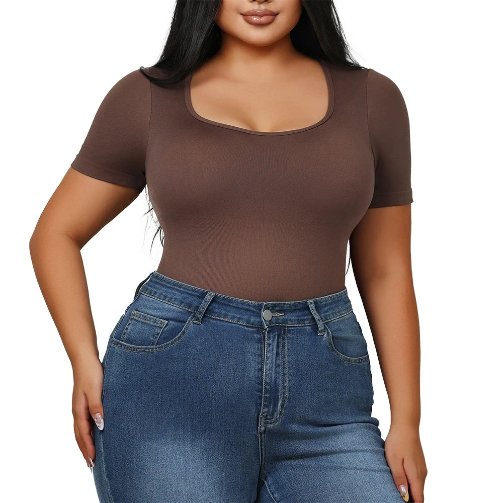 Square Neck Short Sleeve Bodysuit for Women – Full Body Control Shapewear
