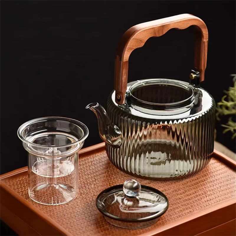 Large Capacity 1200ml Vertical Stripe Pattern Glass Tea Pot Kungfu Tea Set Wooden Beam Tea Kettle Brewing Puer Teapot Teaware