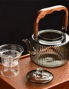 Large Capacity 1200ml Vertical Stripe Pattern Glass Tea Pot Kungfu Tea Set Wooden Beam Tea Kettle Brewing Puer Teapot Teaware