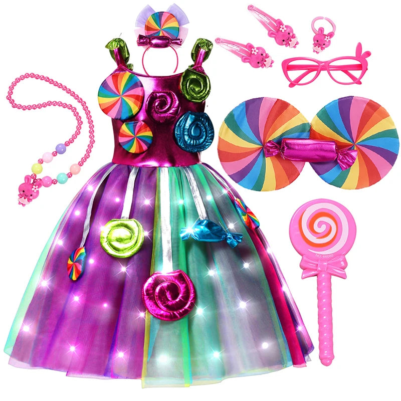 LED Light Up Princess Candy Dress For Girl Lollipop Party Clothing Kids Cosplay Costume New Years Dress 2-10Y