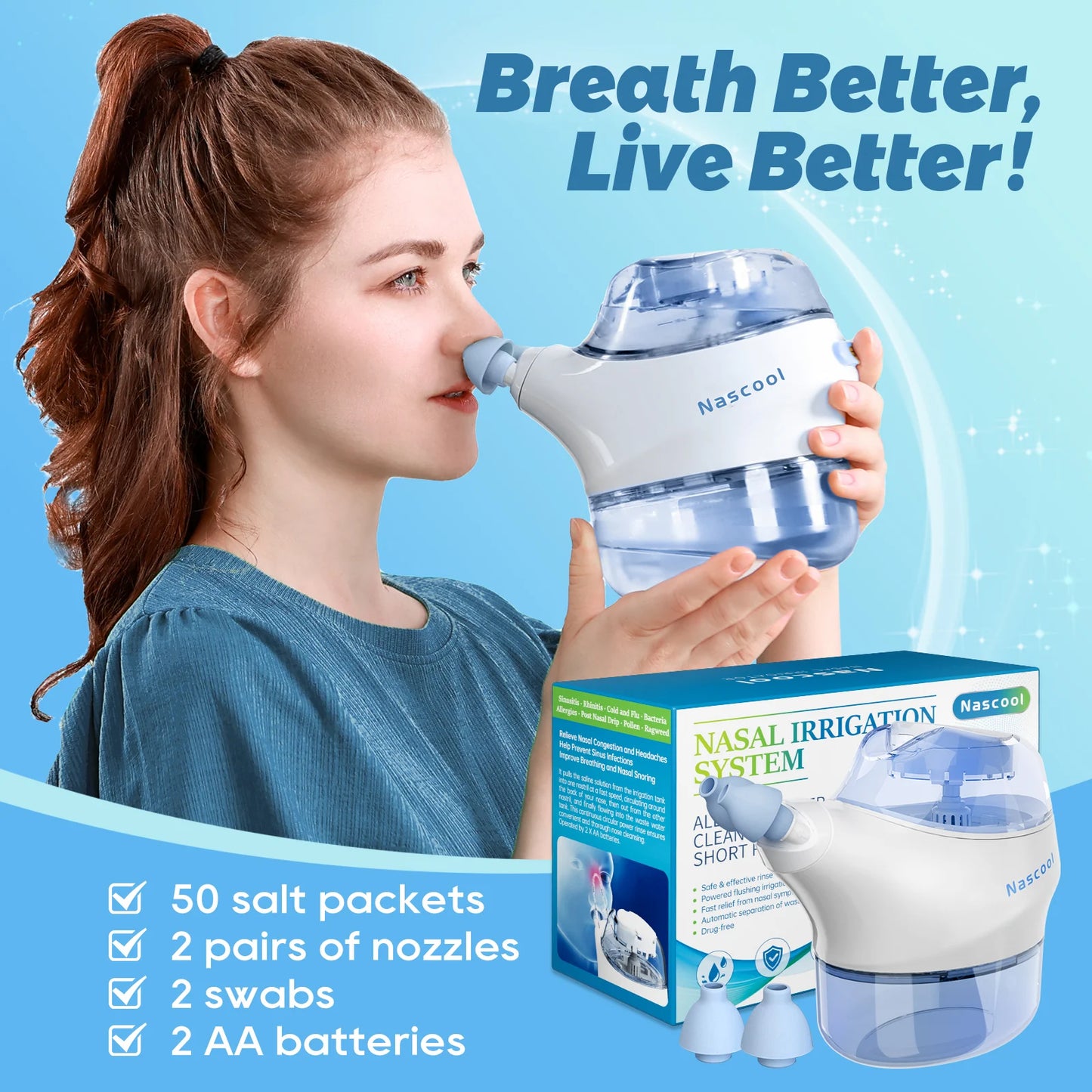 Electric Nasal Irrigation System with 50 SaltPods Suction Irrigator Nose Washer Sinus Rinse All-Round Deep Cleaner Machine