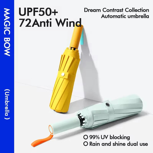 Automatic 12 Rib Folding Umbrella Three Fold Sun Rain Windproof UV Protection Compact Travel Umbrella