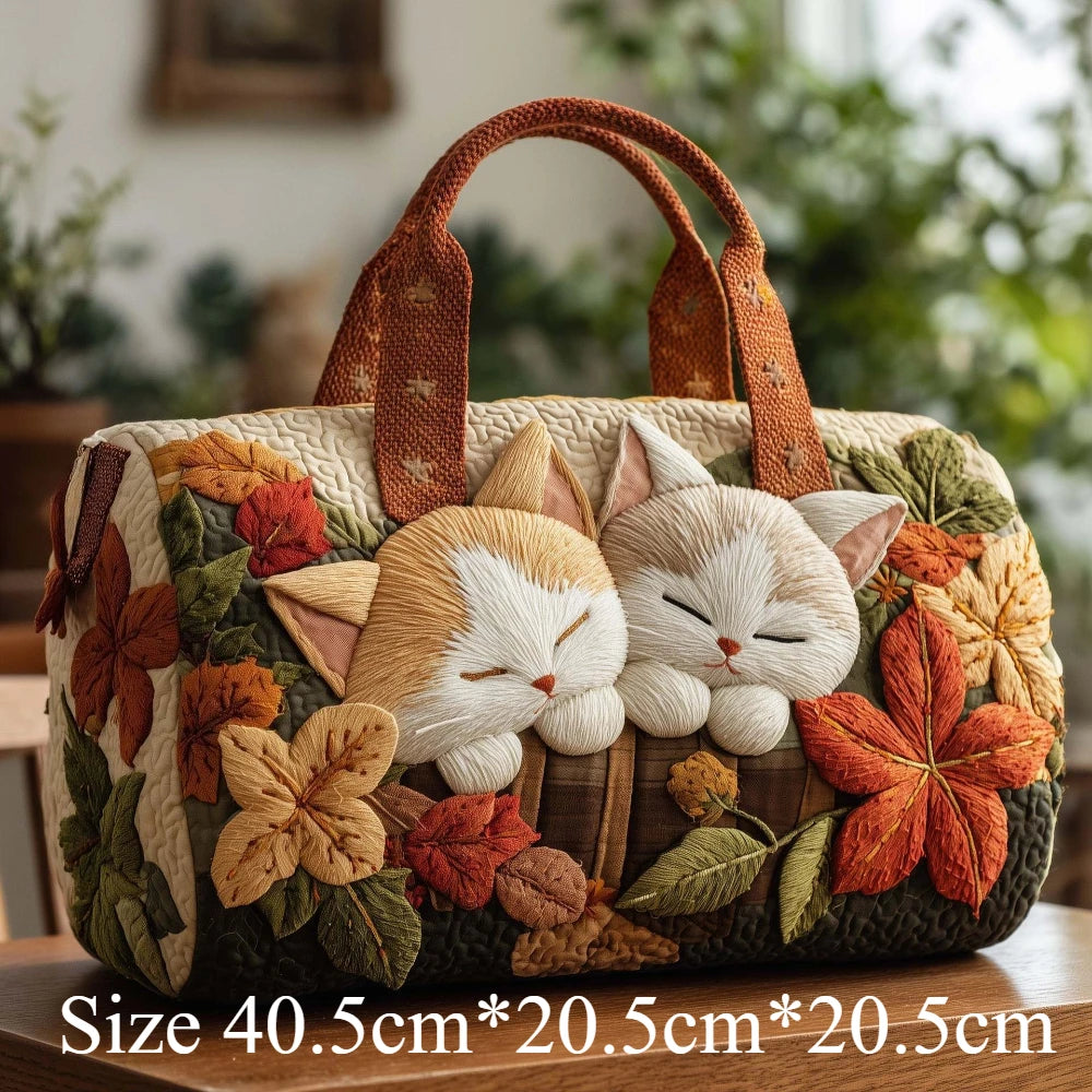 Cute 3D Quilted Cat Tote Bag Halloween Pumpkin Fall Leaves Floral Print Unique Travel Handbag Gift for Cat Lovers Shoulder Purse