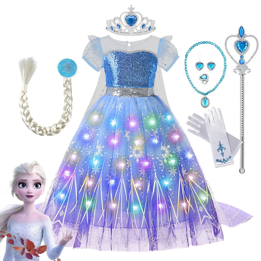 Frozen Elsa Role Playing Dress Light Up Kids Halloween Carnival Girls Birthday Elsa Princess Glowing Vestidos