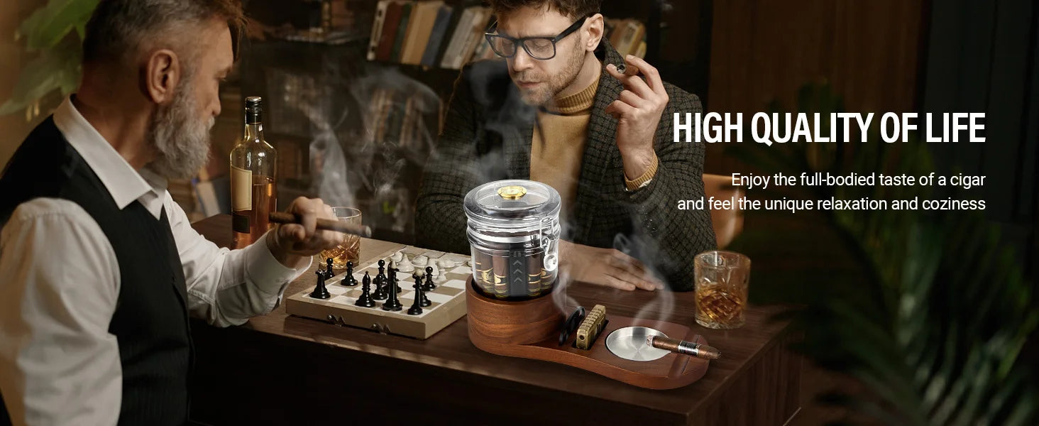 Cigar Humidor, Solid Wood Cigar Ashtray & Acrylic Cigar Jar Kit with Cigar Cutter, Humidifier and Dropper, Holds 18-20 Cigars