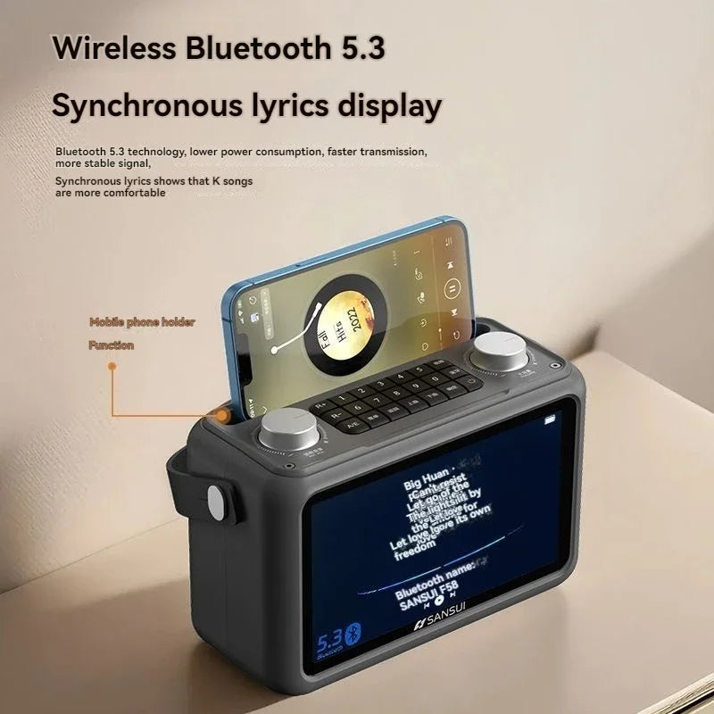 Karaoke Wireless Bluetooth Speaker Outdoor Portable SANSUI F58 40W Music and Video Player 7-inch Screen Lyrics Display TF/FM/AUX
