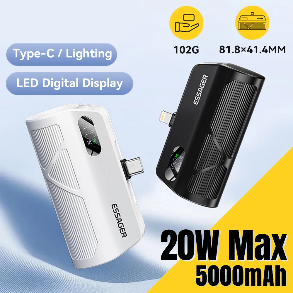 5000mAh Mini Capsule Power Bank 20W PD Fast Charging with Built-in Lightning & USB-C Plug Portable Charger