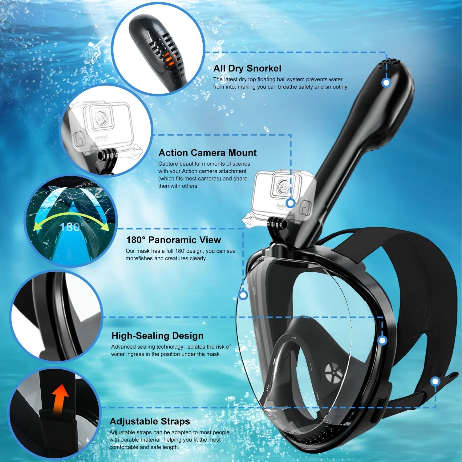 Professional Full Face Snorkeling Swimming Diving Mask Wide View Anti-Fog Anti-Leak for Adult with Detachable Camera Mount