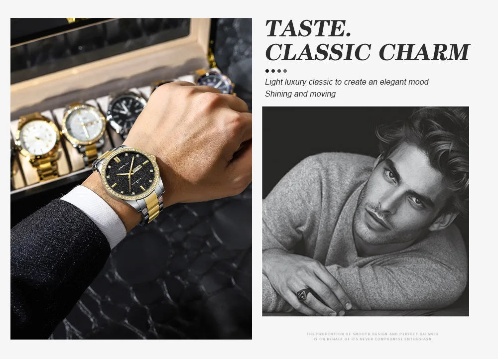 New Luxury Rhinestones Dial Watches with Stainless Steel Band Wristwatch with Auto Date and Luminous Relogio Masculino