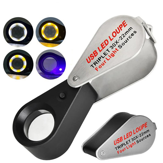 10X 20X 30X Rechargeable LED UV Jewelry Loupe with 4 Light Modes